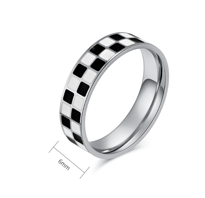 Black and white checkered titanium steel tail ring ring women's square fashion commuting small fragrance accessory