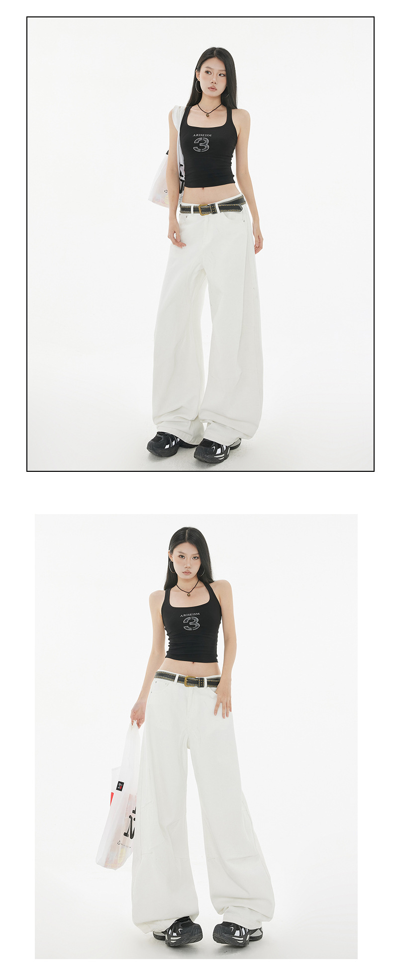 Curved Design Water-Washed Tapered Jeans Women High Street Loose Straight Wide-Leg Pants