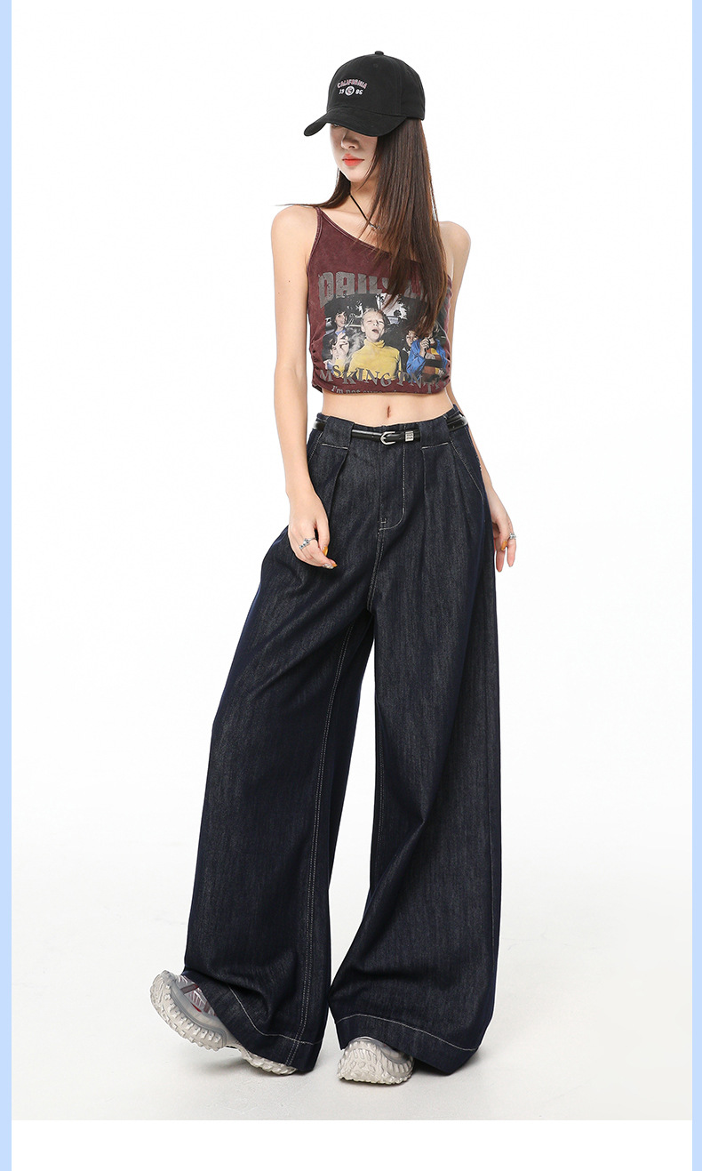 Retro Blue Pleated Tencel Wide-Leg Jeans Women High-Waist Loose Slim Straight Pants