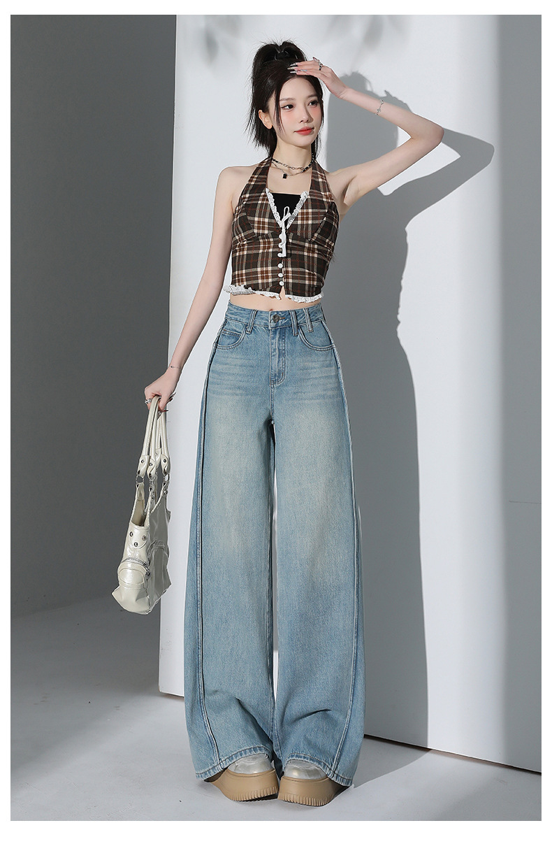 Light Blue Tencel Wide-Leg Jeans Women High-Waist Loose Straight Floor-Length Pants Summer Thin Style