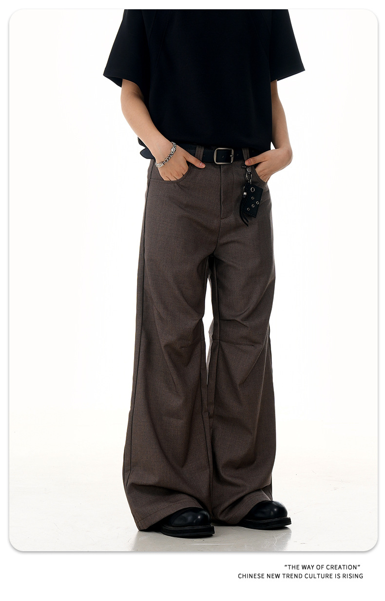 Flared Brown Trousers with Pleated Retro Design Loose Fit Casual Slim Long Pants