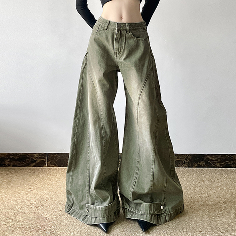 Washed curved knife women's autumn and winter loose fitting patchwork wide leg jeans
