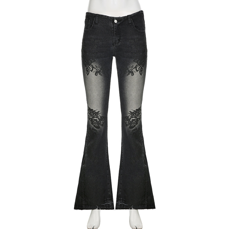 Retro plant print washed water slim fit and slimming flared jeans