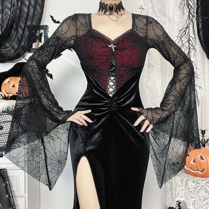 V-Neck High-Waist Spider Web Print Long Pencil Dress