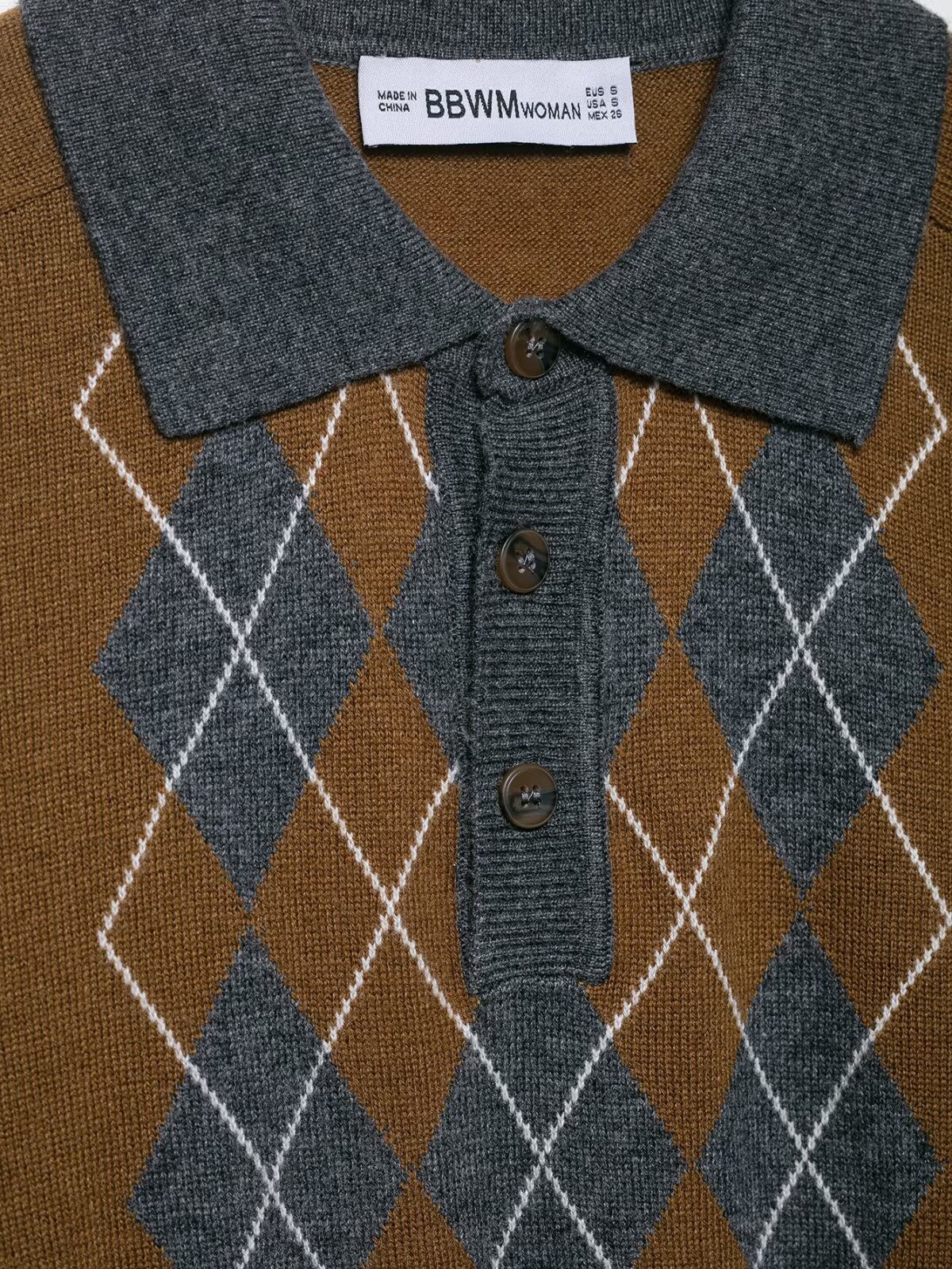 Ladies Argyle Full-Sleeve Turn-Down Triple-Closure Sweater