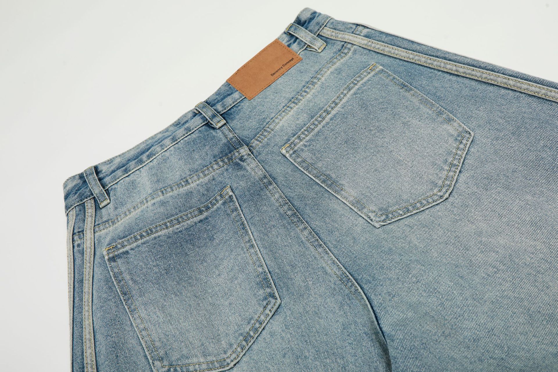 Street Style Vintage Washed Blue Side Stripe Design Unisex Loose Wide-Leg Jeans