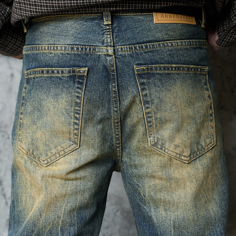 Washed Cat-Whisker Yellow Mud-Dyed Knife-Edge Jeans Women Cleanfit Washed Ripped Versatile Slightly Flared Pants