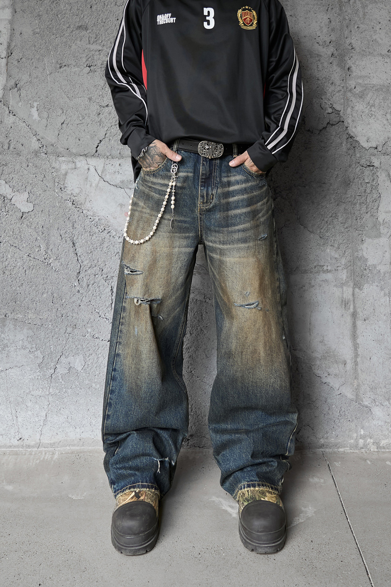Vintage Washed Ripped Street Style Dagger Cut Denim Pants, Unisex Loose Clean Fit Wide Leg Floor-Length Trousers