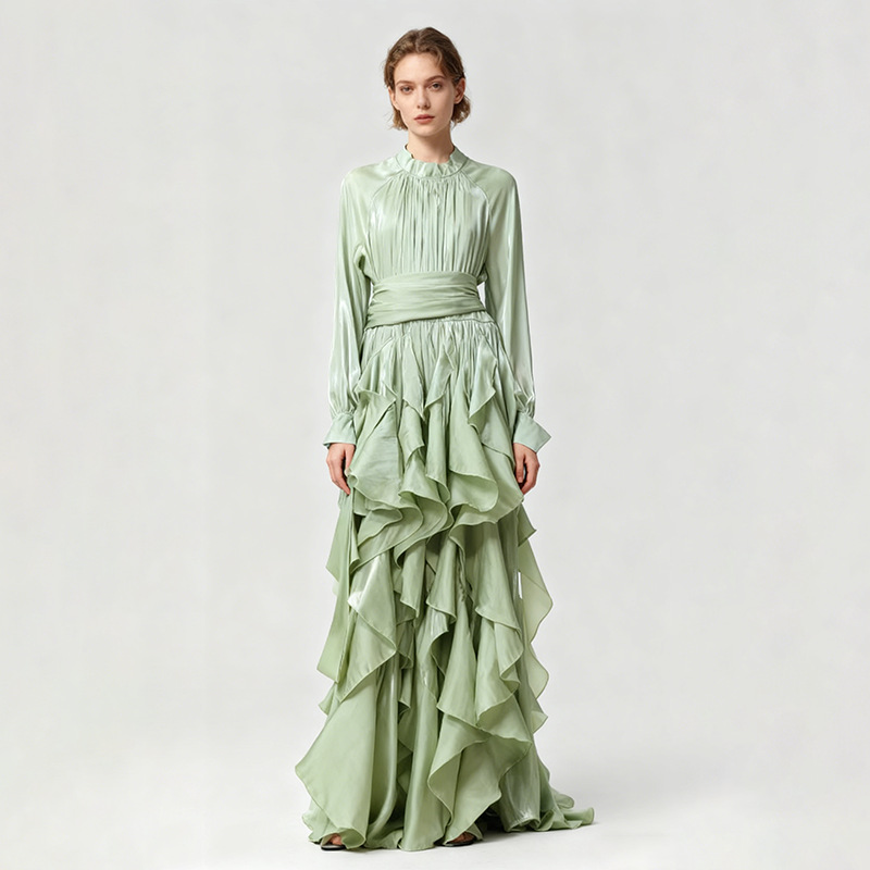 Cotton Blend Fit and Flare Ruffle Maxi Dress