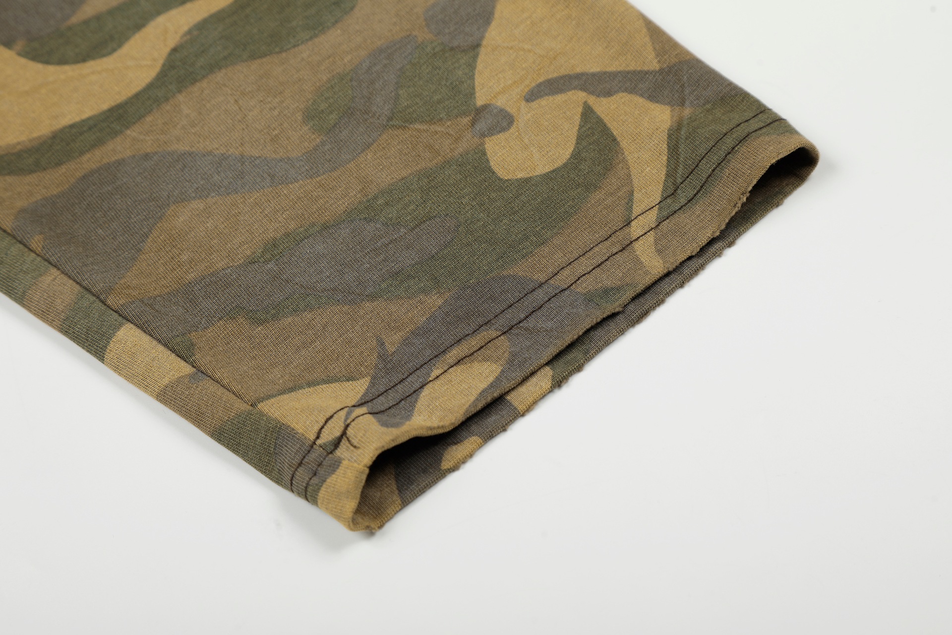 Washed Distressed Small Collar Printed Camouflage Loose Long Sleeve T-Shirt