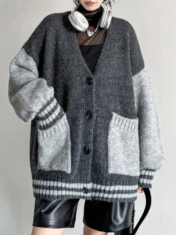 Two-Tone Oversized Deep V Cardigan