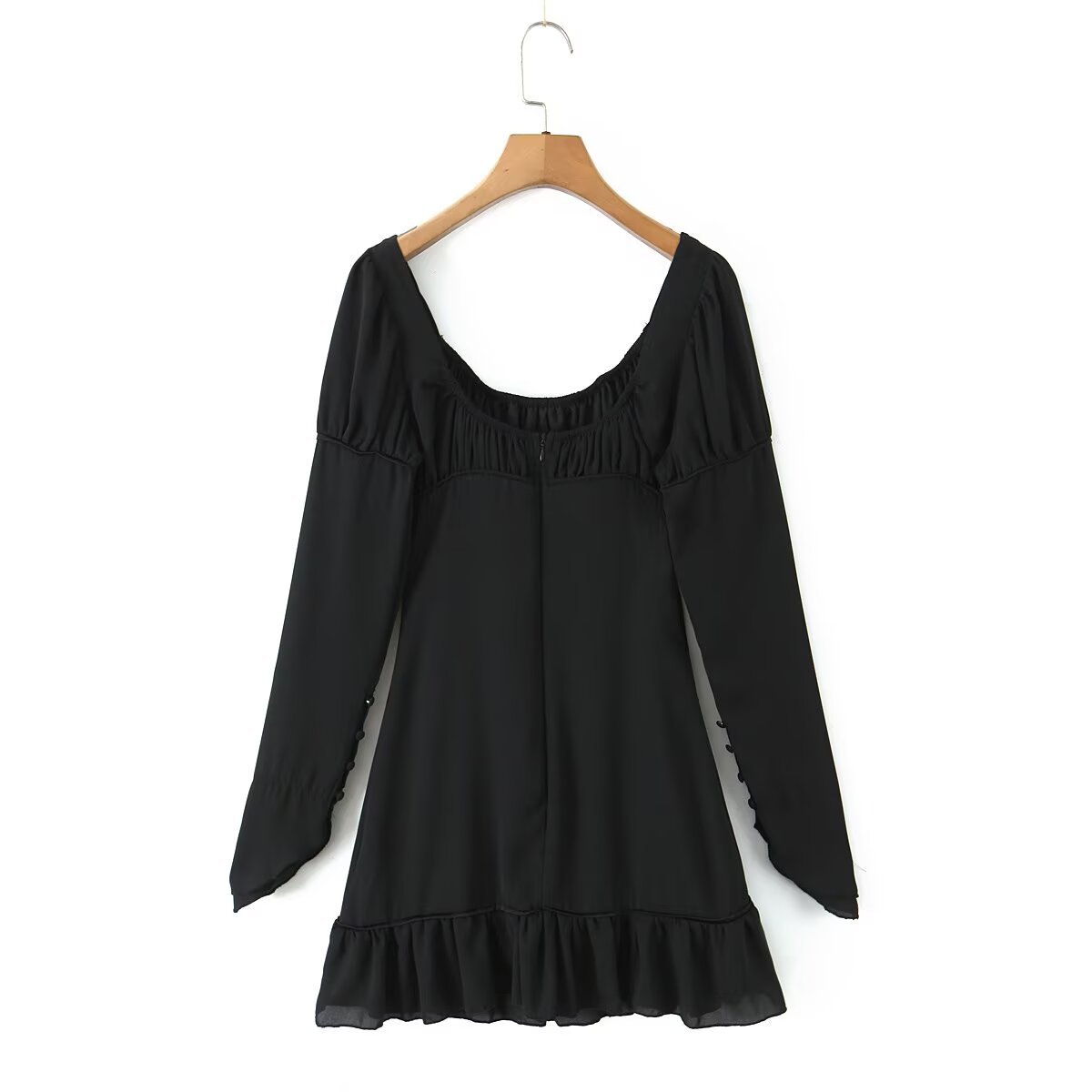 Square collar long sleeved backless black fungus trimmed short dress for women