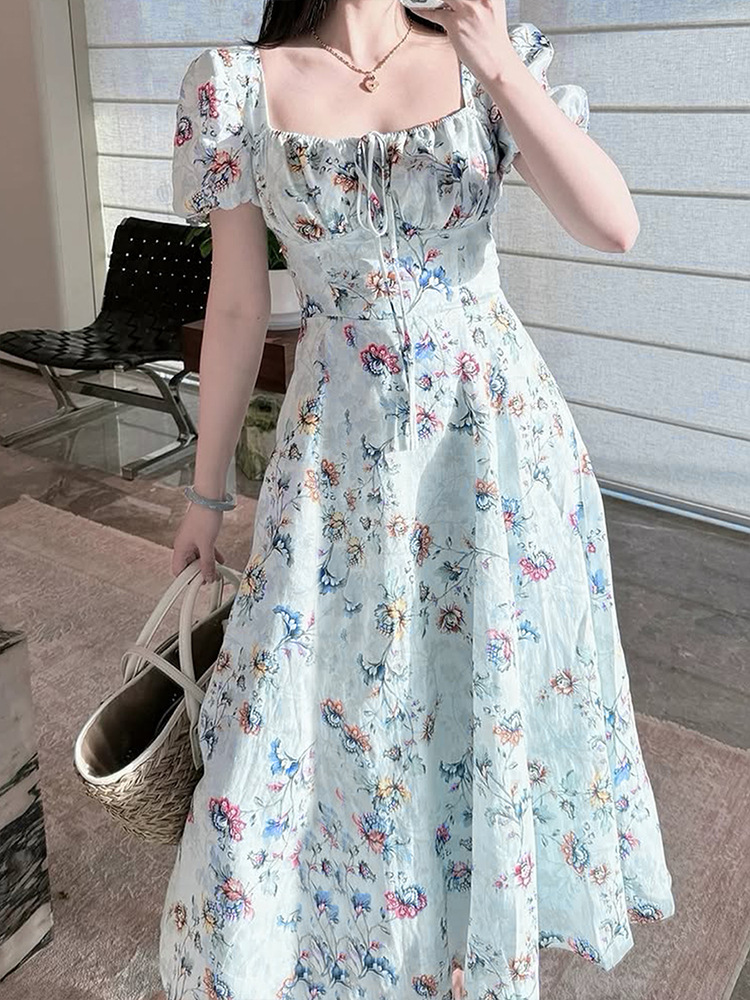 Short Puff Shoulder Botanical Maxi Dress