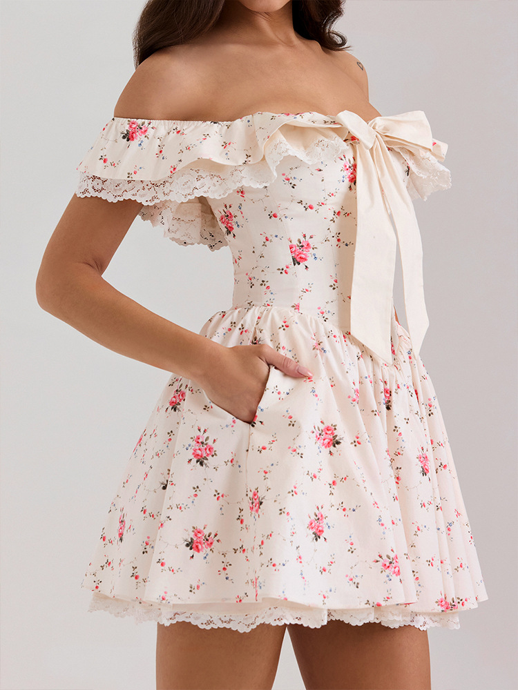 Asymmetrical Ribbon Flower Pattern Dress