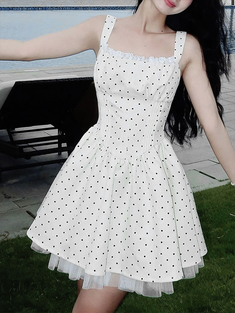 Polyester Sleeveless Spotted Midi Fitted Ball Dress