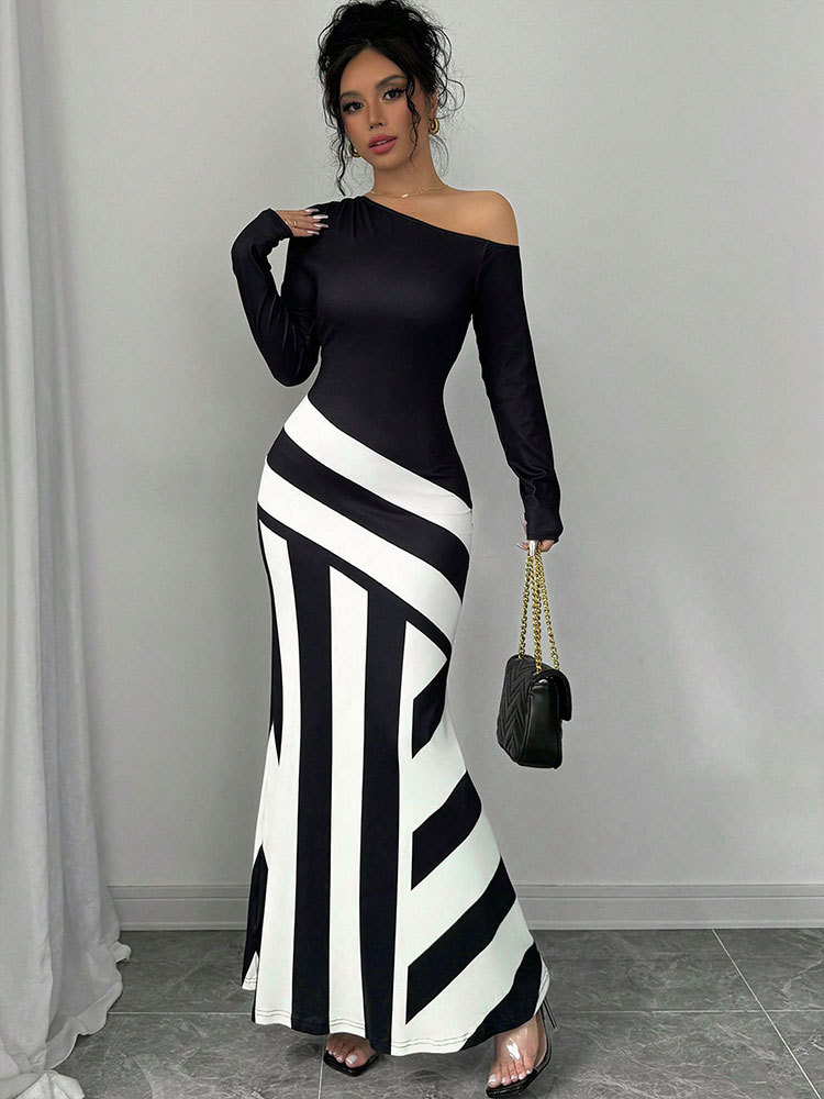 Ladies Long Sleeve Polyester Asymmetric Pattern Dress