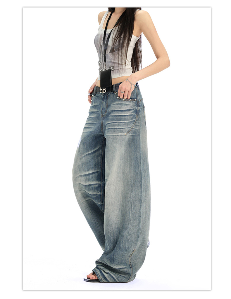 Retro Spicy Girl Washed Pleated Wide-Leg Jeans Women's Cracked Design Loose Drape Floor-Length Pants