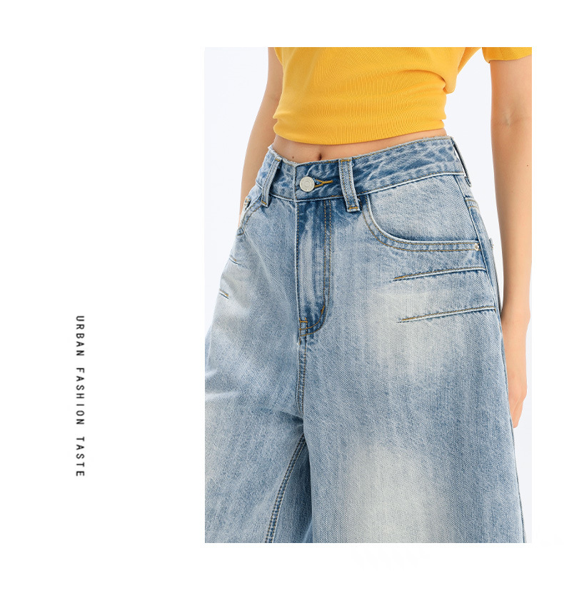 Wide-Leg Seven-Point Denim Pants for Women High-Waist Loose Fit Lazy Style Straight Leg Versatile Mid-Length Trousers