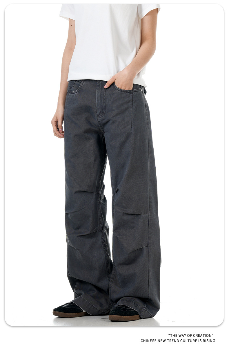 Simple Work Pants for Men and Women Faded Pleated Loose Wide-Leg Trendy Casual Trousers
