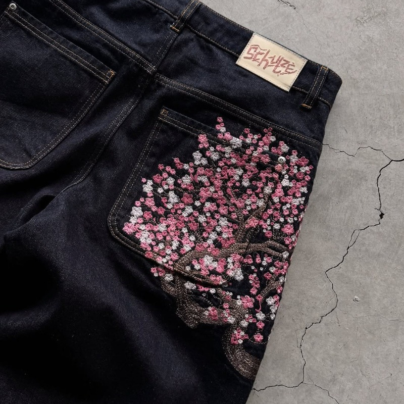 Brand derschutze Casual Long Pants Plum Blossom Embroidery Street Denim Pants Loose Wide-leg Pants for Men