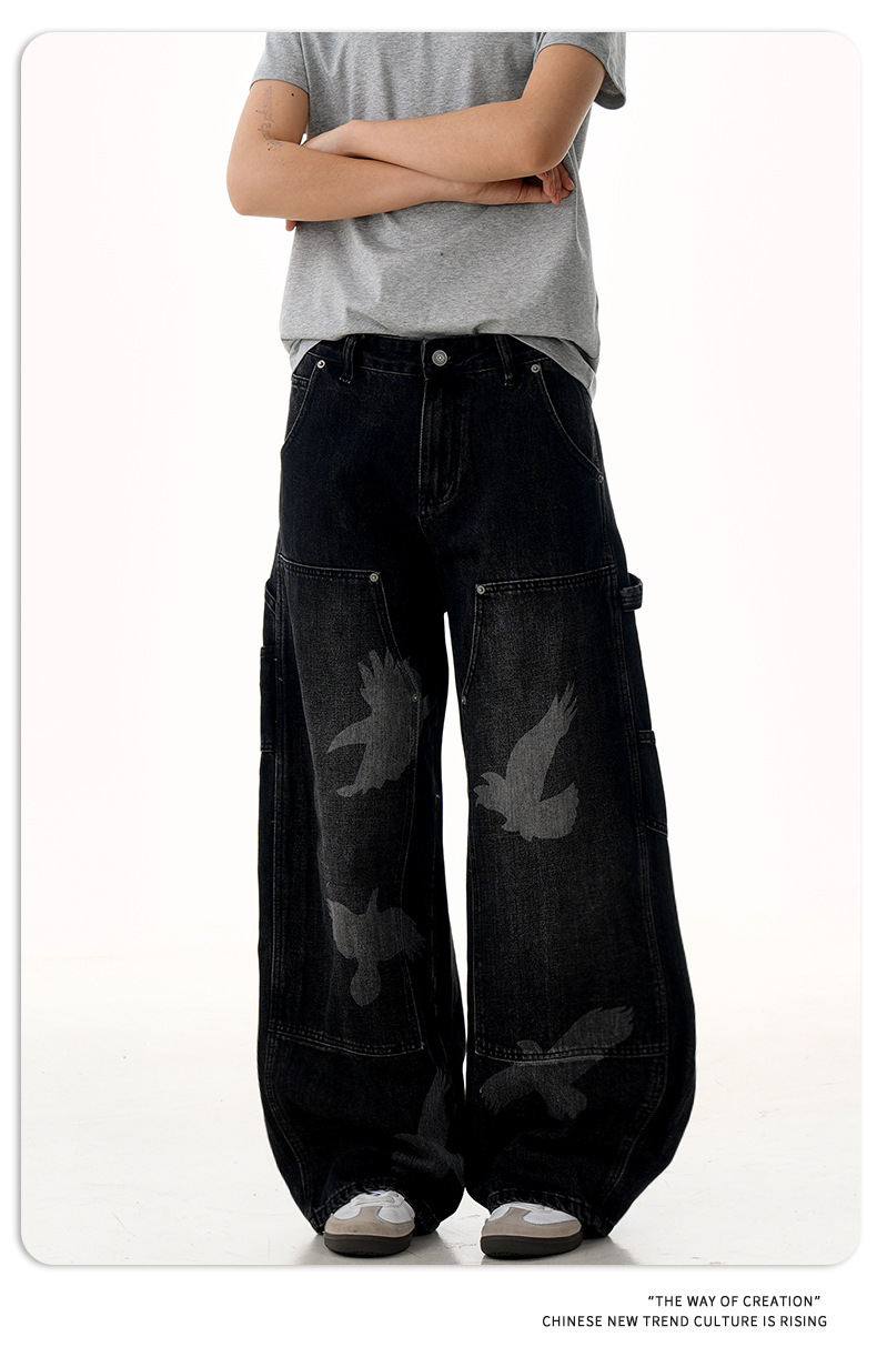 Jeans with Pigeon Pattern for Men and Women, Loose Fit Wide Leg Trousers