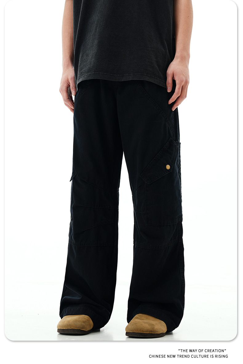 Work Pants with Adjustable Waistband and Large Pockets - Straight Leg Casual Trousers