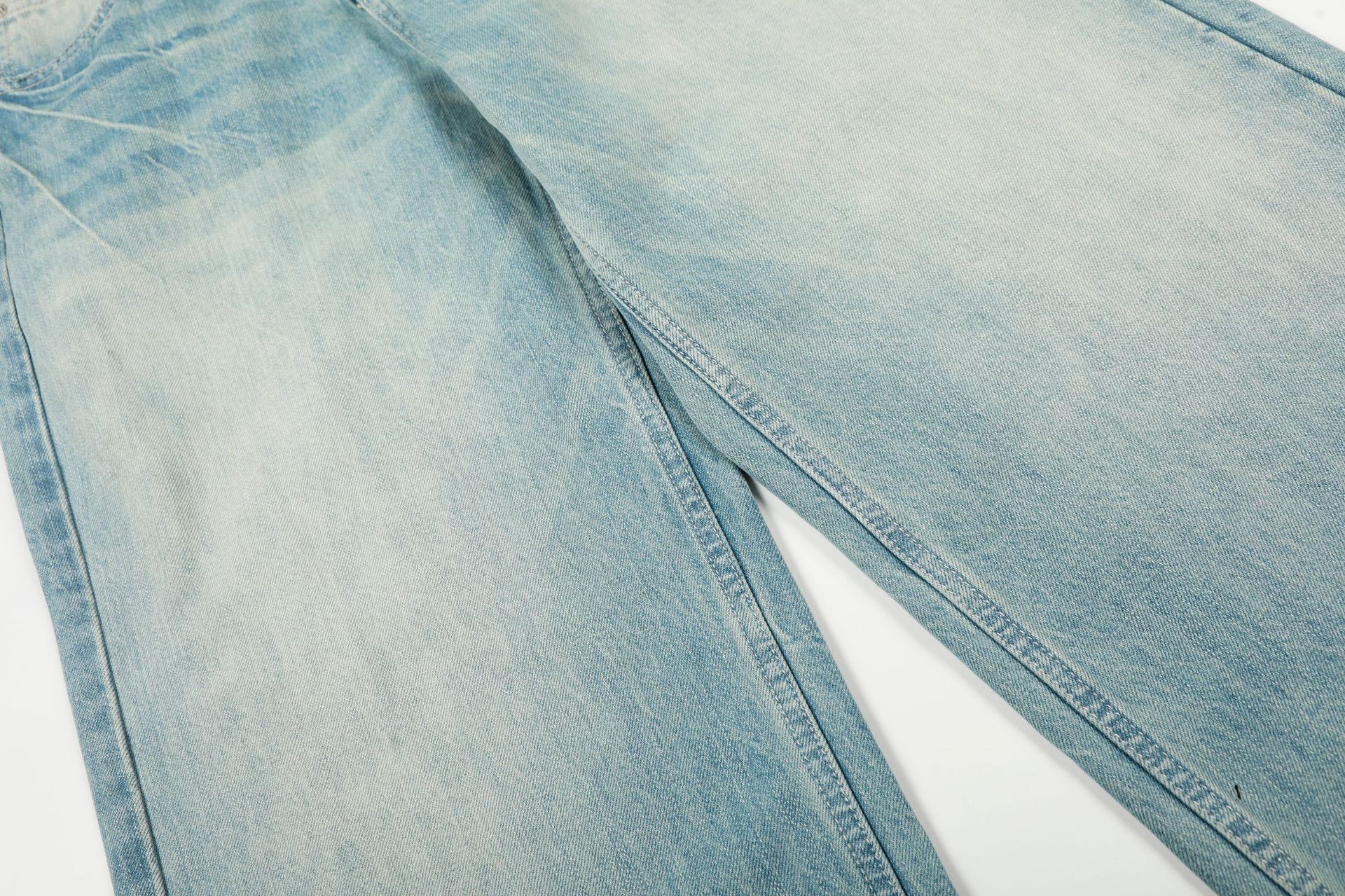 Blue Washed Faded Loose Fit Wide Leg Straight Casual Trousers