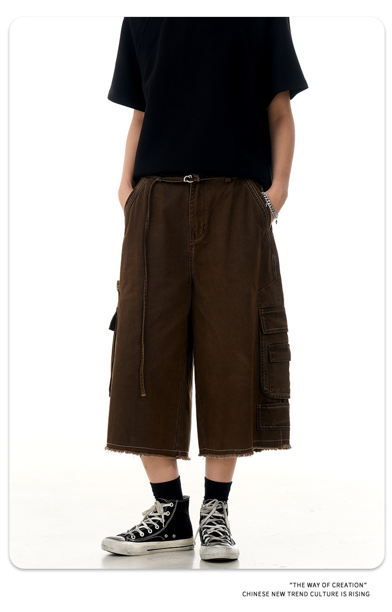 Multi-Pocket Workwear Capri Pants for Men and Women Summer Vintage Washed Loose Fit Wide Leg Casual Shorts