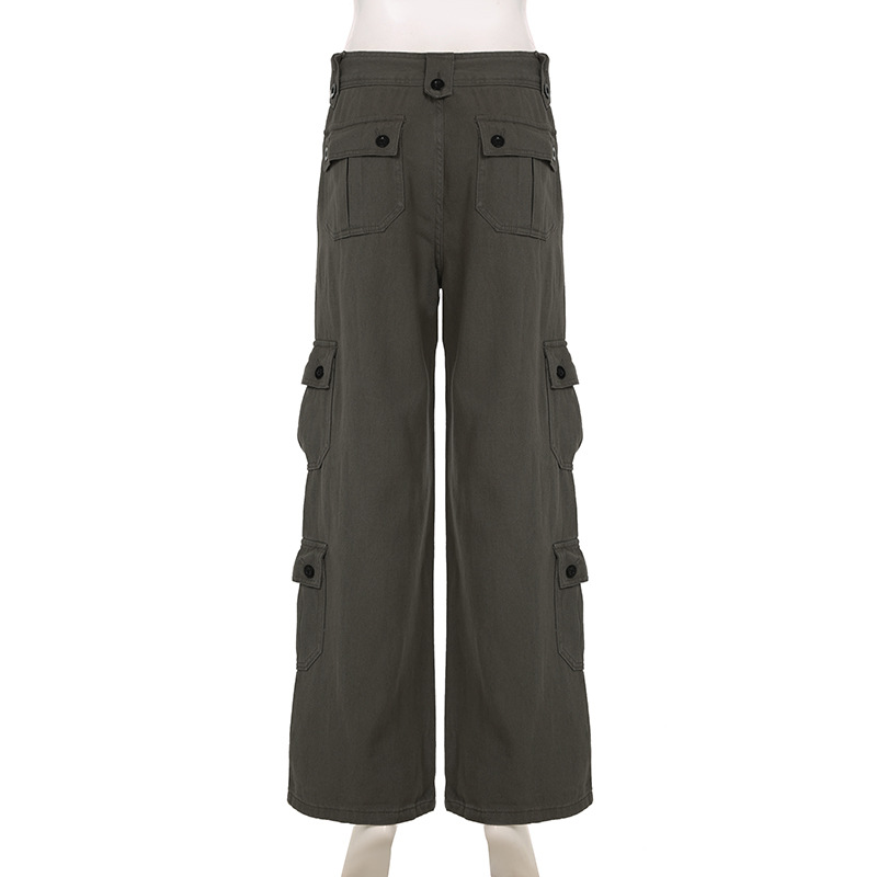 Low waisted workwear women's double row buckle multi pocket splicing straight leg wide leg jeans