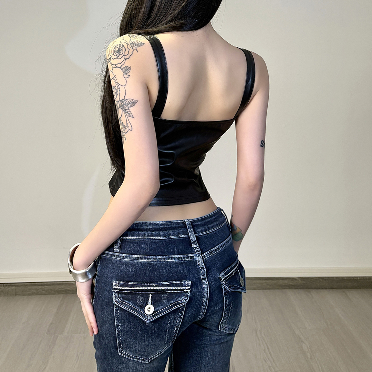 Zip-Front Moto Lambskin Tank Top