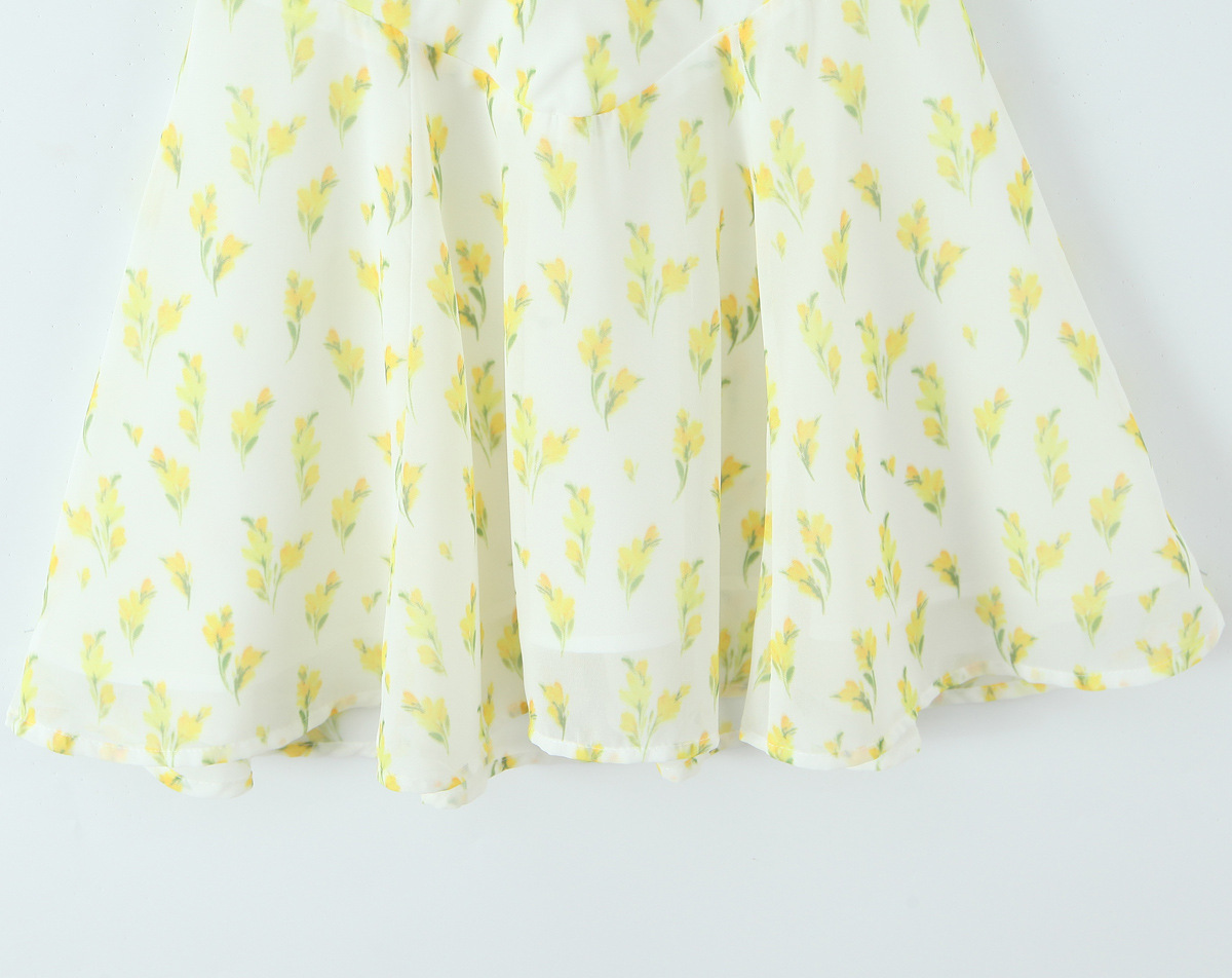 Printed deep V backless hanging neck waist dress