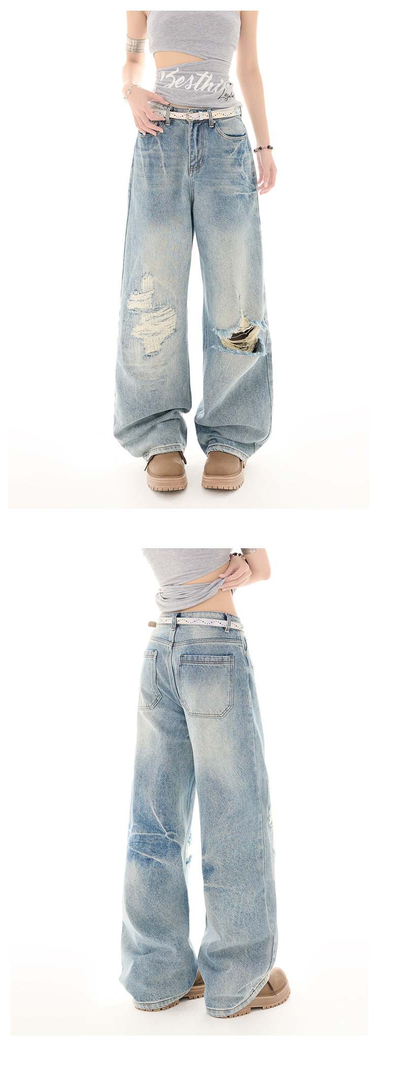 Women's Ripped Straight Leg Jeans Washed Vintage Design Loose Wide Leg Pants