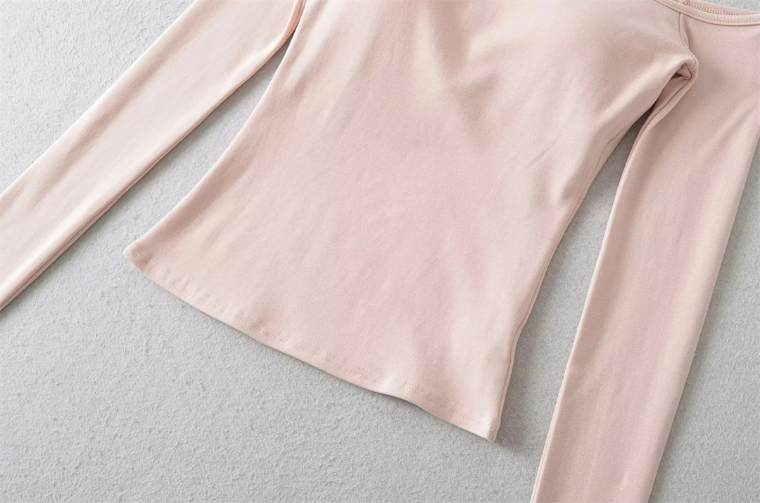 Slim Fit Wrist-Length Plain Slant-Neck Bra-Cup Blouse