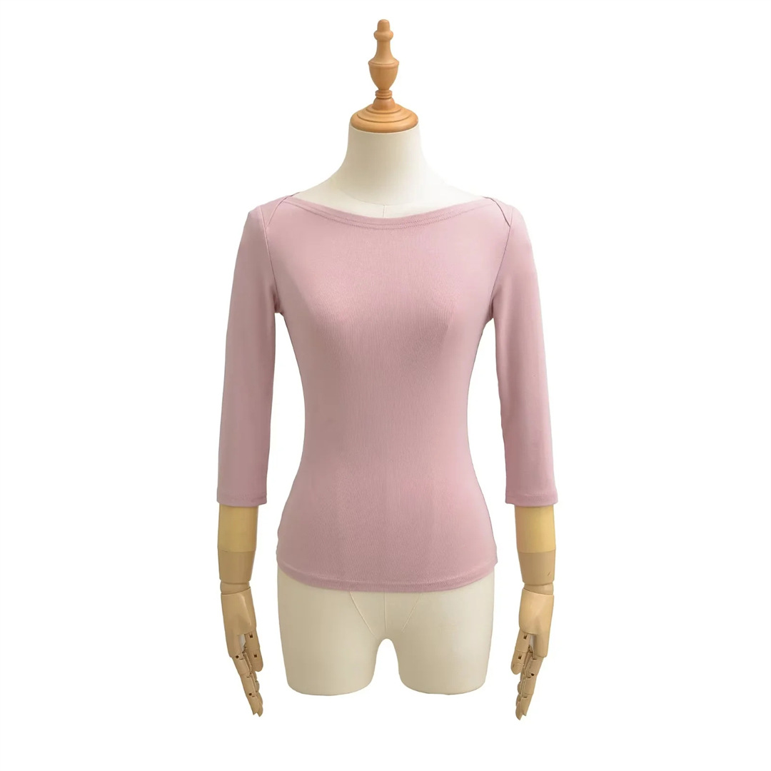 Slim Fit Plain Asymmetric Neck Elbow-Length Midriff Tee
