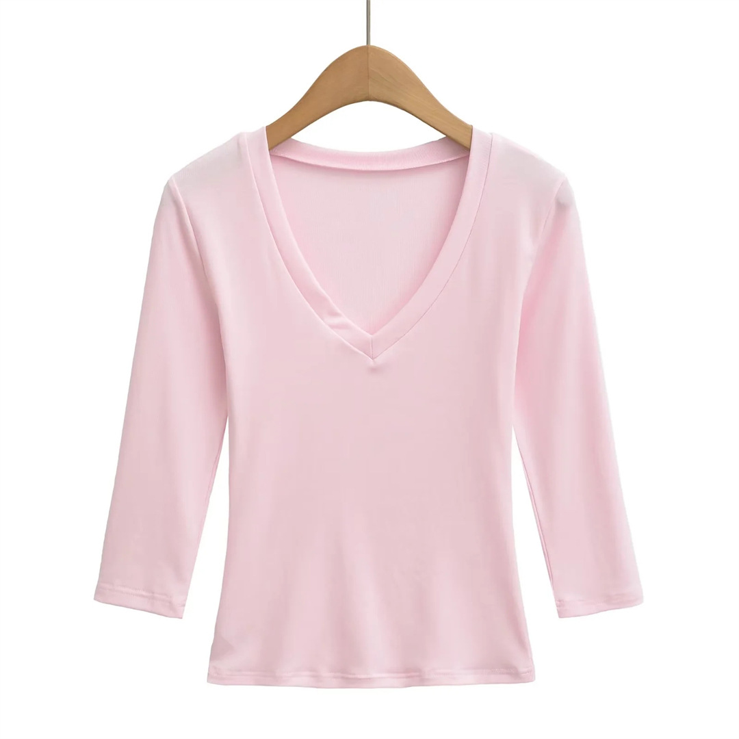 Ladies Streetwear Plain Stretch Elbow-Length Plunge Layering Tee