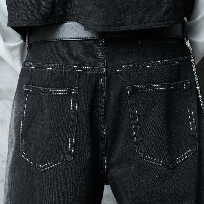 Vintage Washed Lightning Pattern Straight Leg Jeans Men High Quality Gradient Trendy Brand Wide Leg Pants