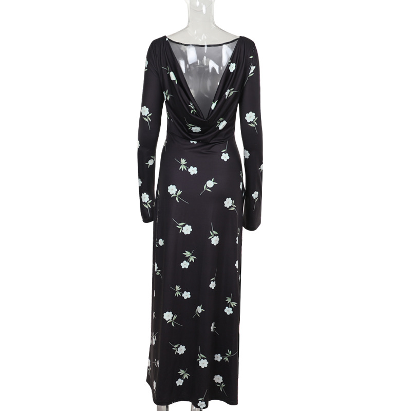 Long One-Shoulder High Waist Patterned Polyester Step-Skirt Dress
