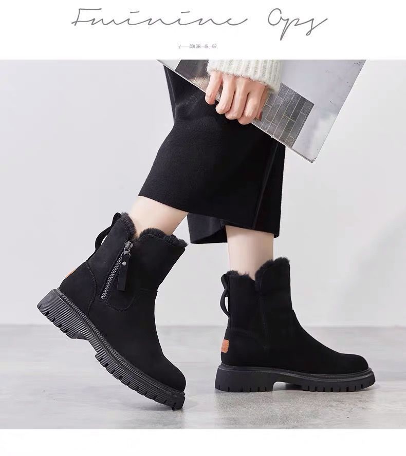 Winter women's boots with thick and warm cotton shoes and fur integrated in the middle tube and velvet