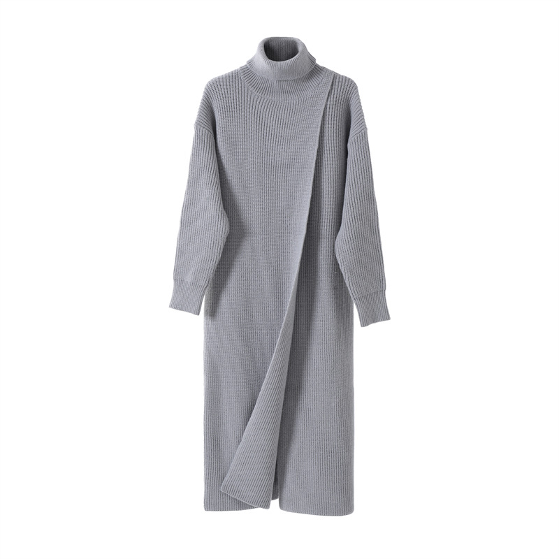 Full Sleeve Standing Collar Slit Pullover Dress