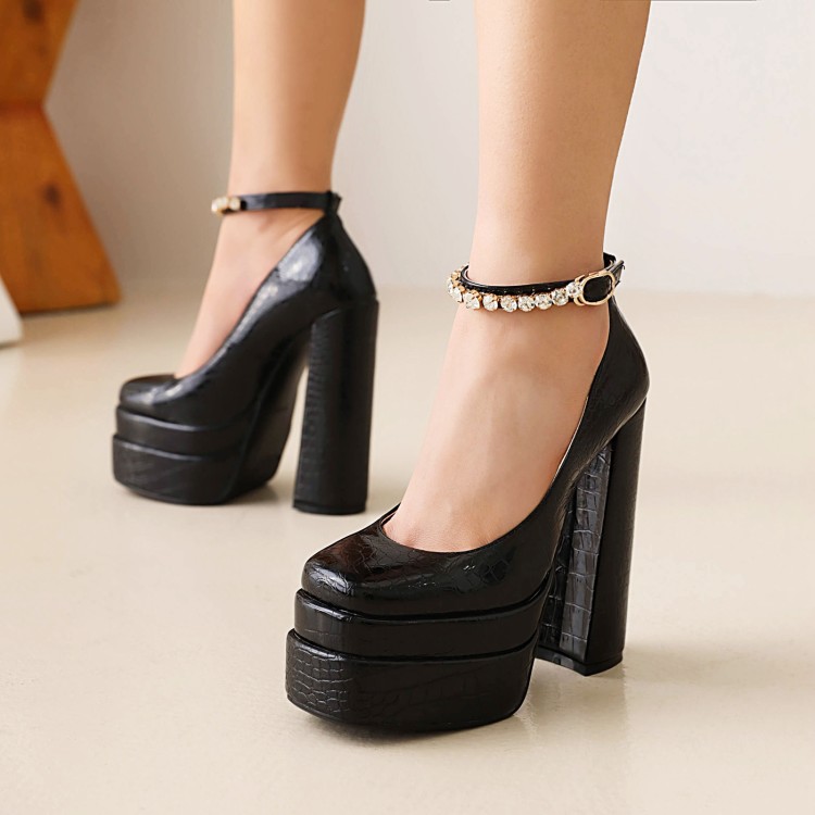 New Sexy Crocodile Pattern Pumps Platform Thick High Heel Rhinestone Party Women's Shoes Black Green Spring Summer Big Size