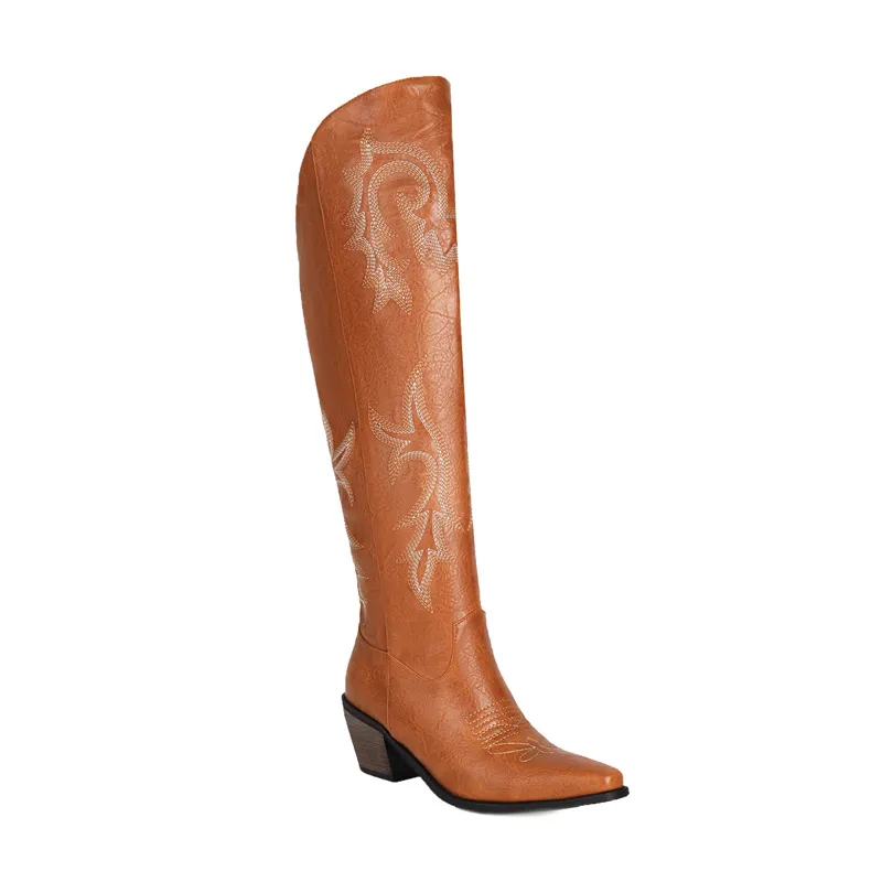 Country Thigh Block Sole Sharp Tip Boots