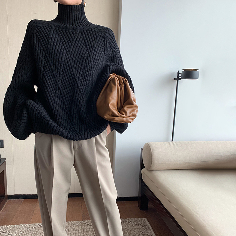 Ladies Polyester Relaxed Fit Patterned High Neck Sweater