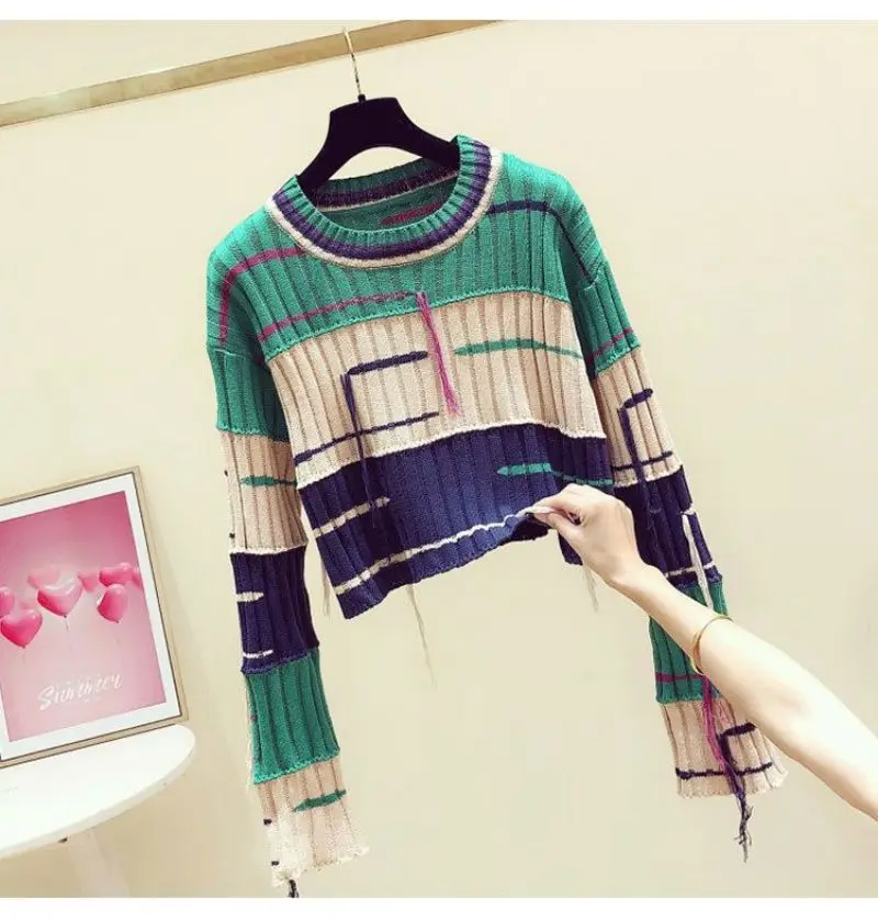 Ladies Colorblock Fringe Crew Collar Sweater