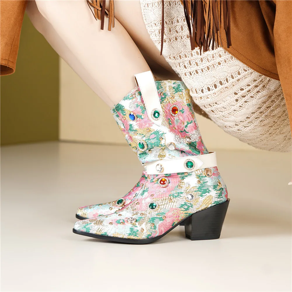 New Arrival Ethnographic Style Women Cow Leather Mid Calf Boots Pointed Toe Thick Heels Crystal