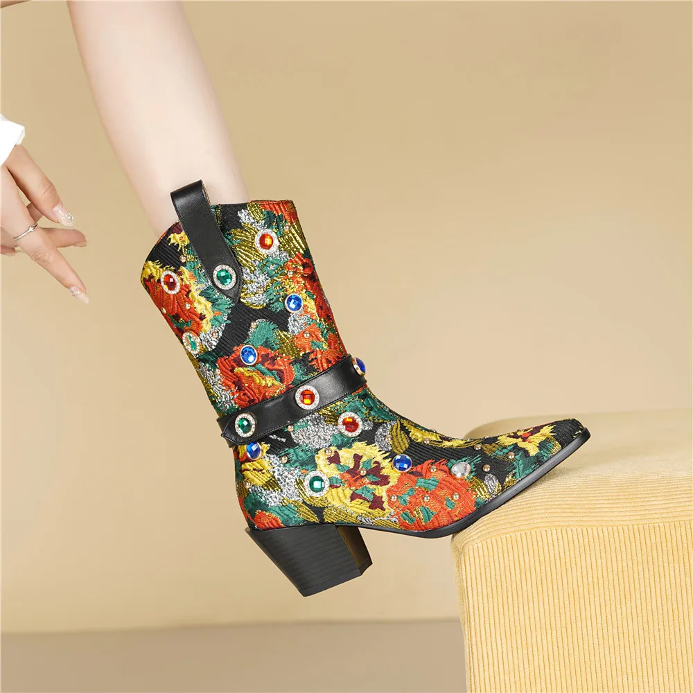New Arrival Ethnographic Style Women Cow Leather Mid Calf Boots Pointed Toe Thick Heels Crystal
