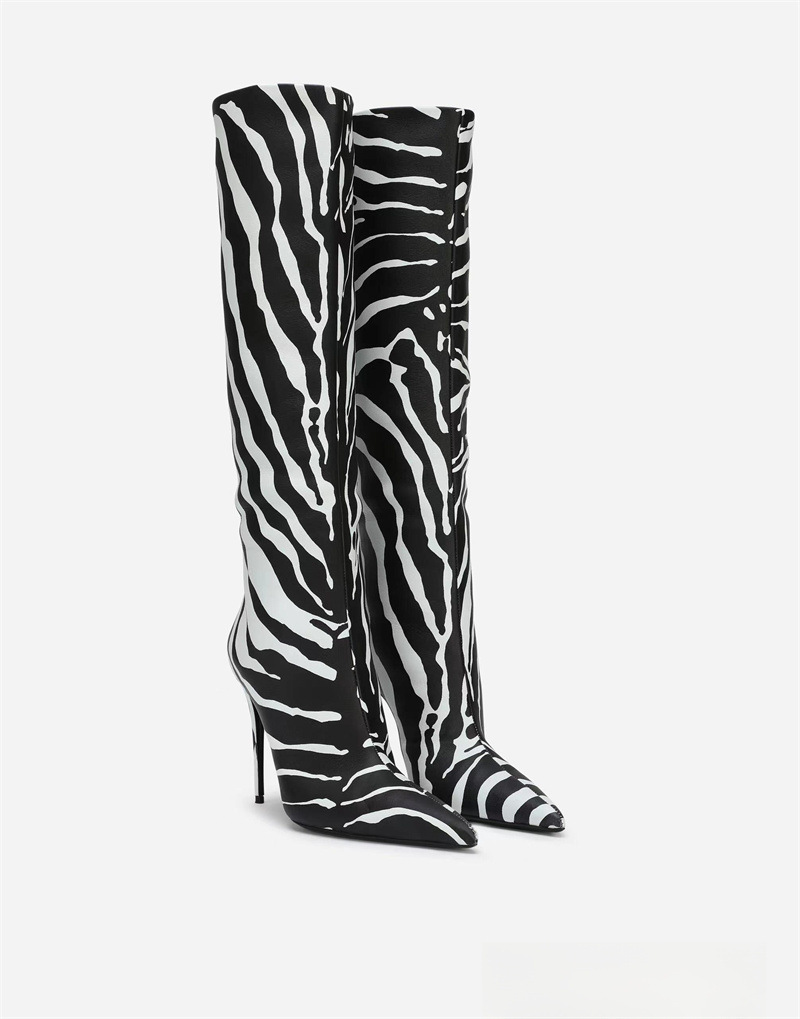 Pointed thin heel leopard print long boots for women's fashionable and sexy high boots for women's shoes