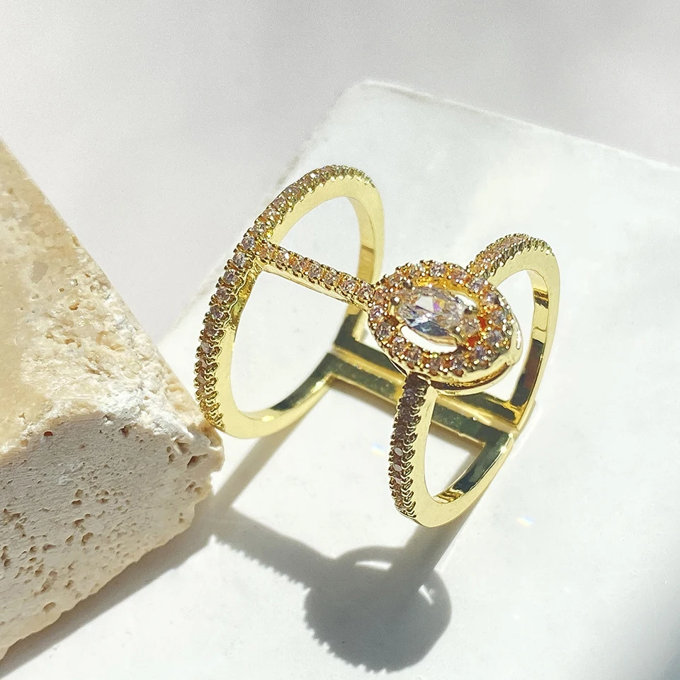 Women Rings Adjustable Size Fashion Double Hoop Cubic Zirconia Open Rings Girls Party Jewelry