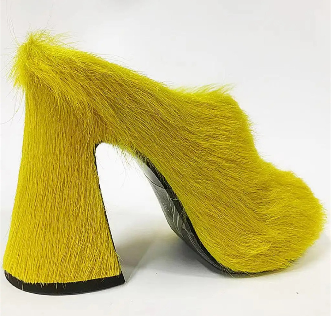 Round headed candy colored genuine leather horse hair with raised height inside casual lazy half slippers for women