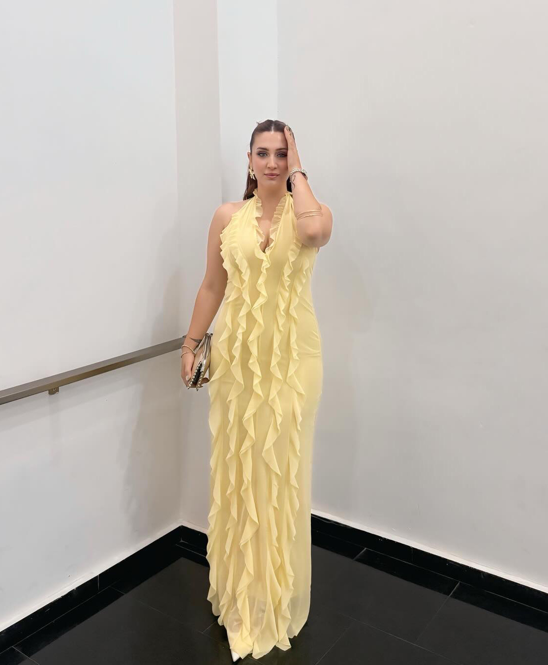 Yellow Solid Color Strapless Sexy Backless Lace High-Grade Dress Long Dress