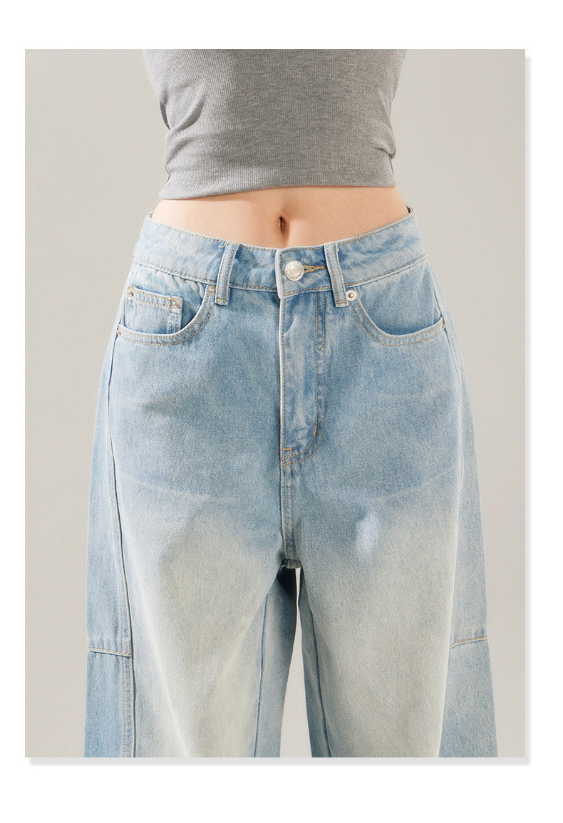 Retro Distressed Light Blue Skinny Jeans High Street Patchwork Design Banana Scythe Pants for Women